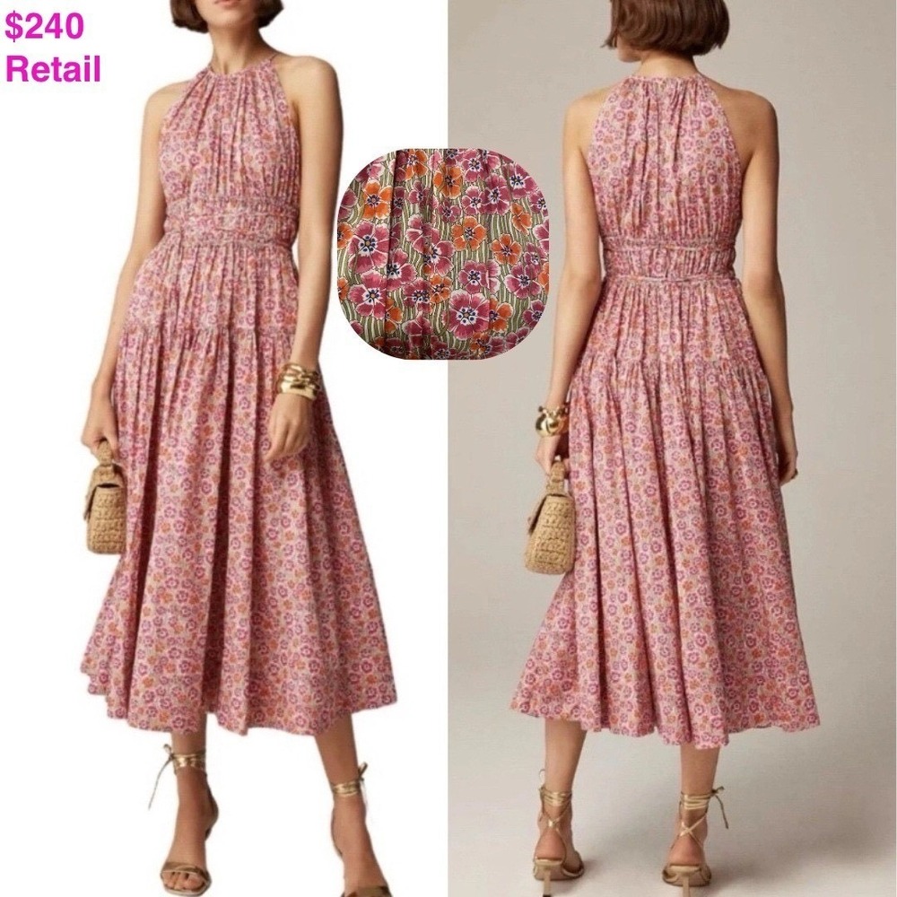 J. CREW Pink Floral Tie-Waist Halter Midi Dress L Liberty Ellie Organic Cotton